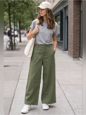 Commense Olive Green Wide-Leg High-Rise Pants - M